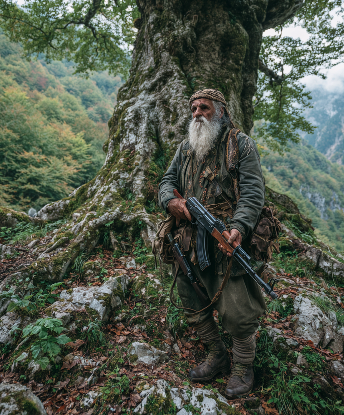 Old Balkan fighter standing with a rifle beneath an ancient beech tree in the mountains