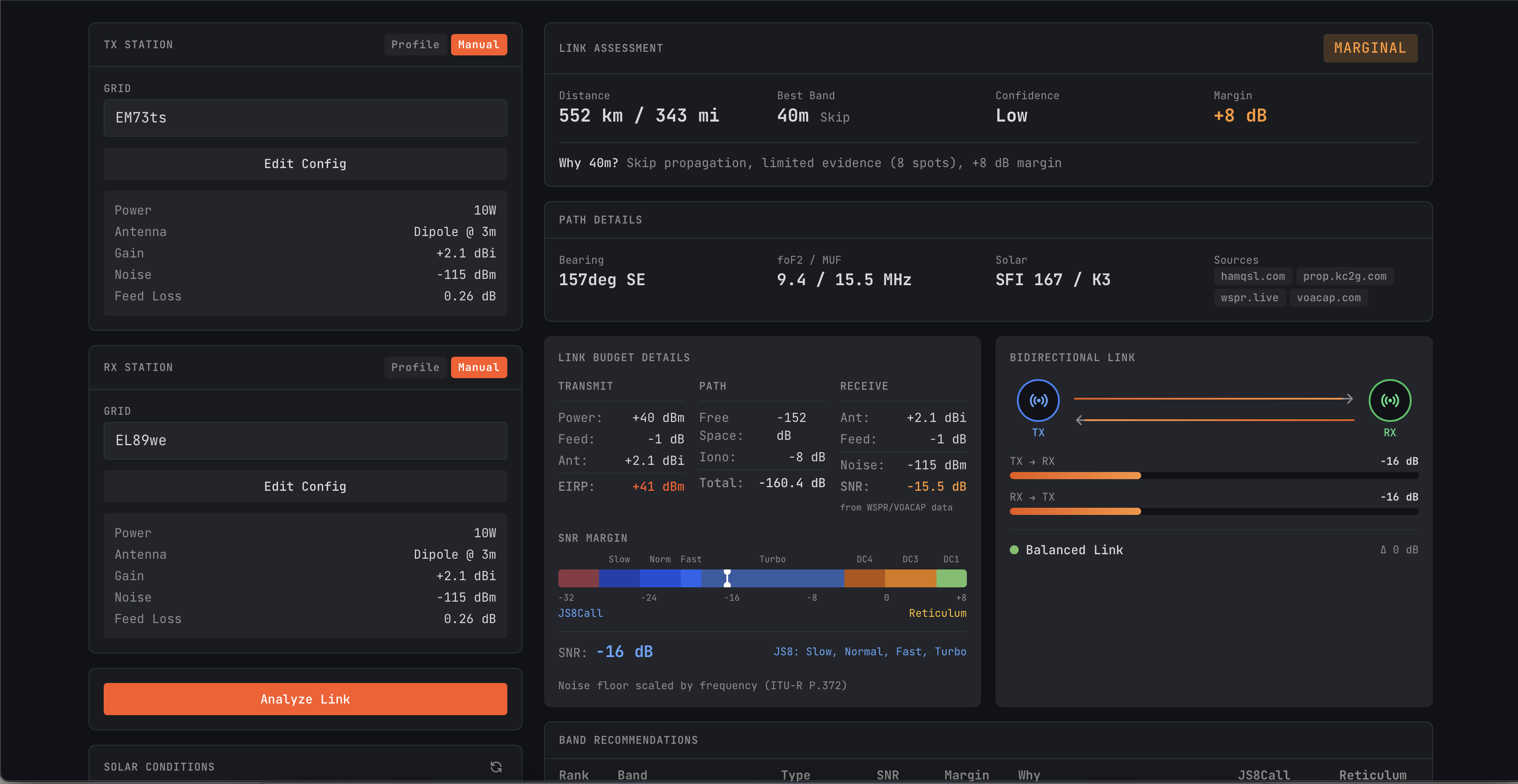 HF Planner analysis interface showing link assessment between EM73ts and EL89we