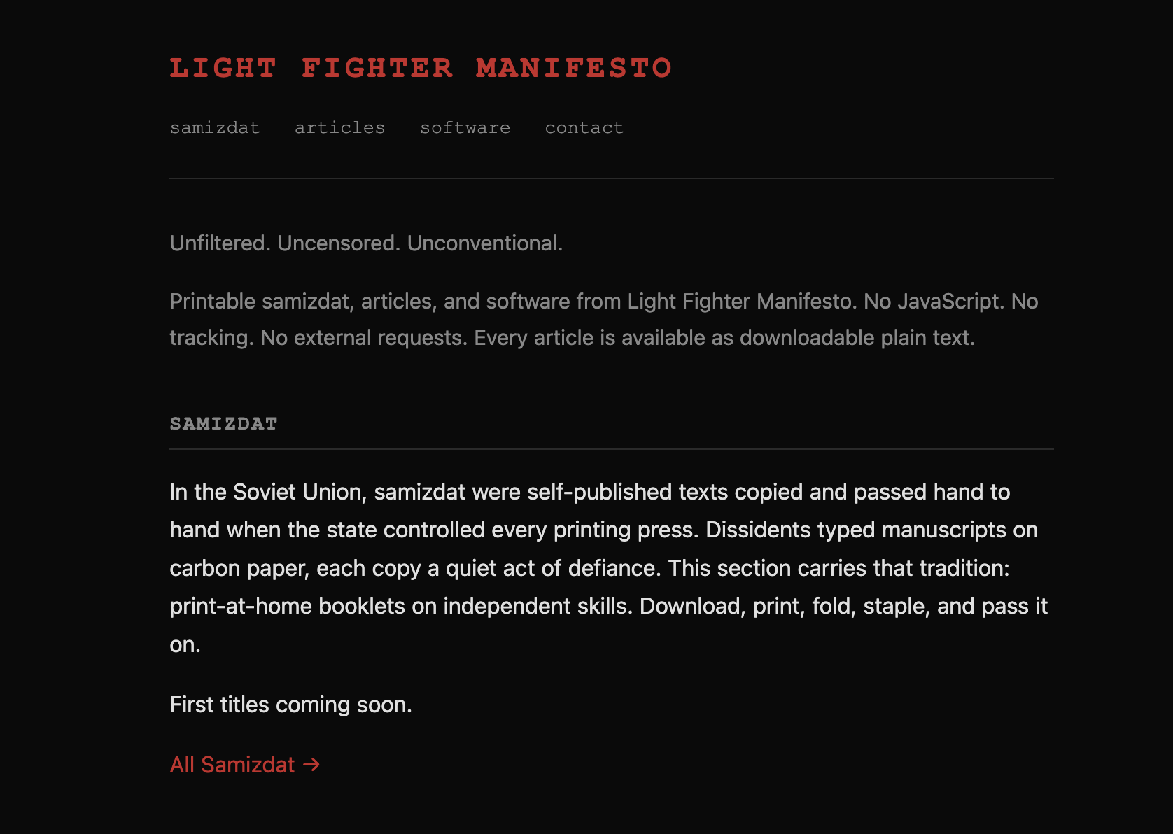 Light Fighter Manifesto onion site homepage showing Samizdat section
