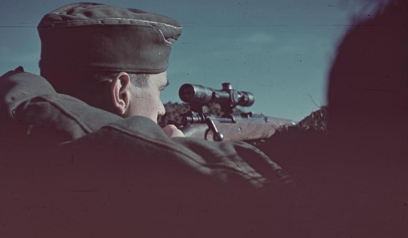 German sniper in position amid Stalingrad rubble, September 1942