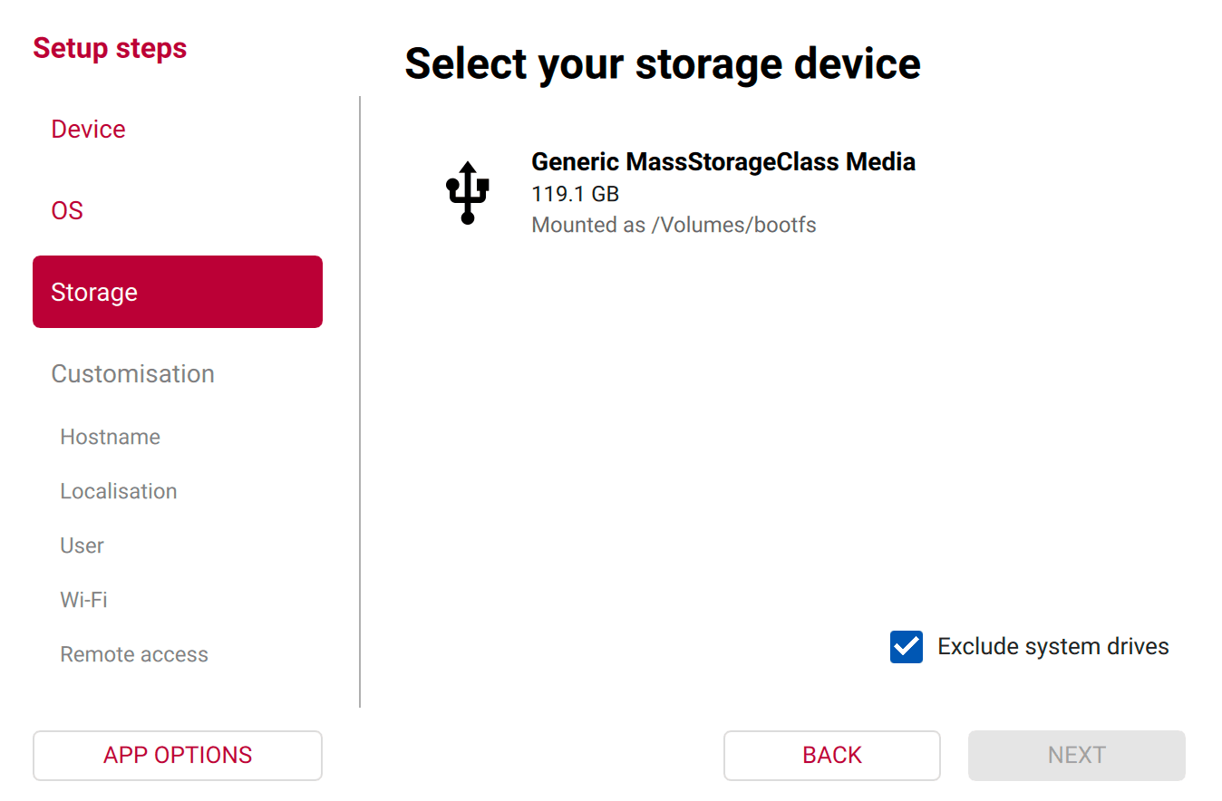 Raspberry Pi Imager storage screen showing the microSD card