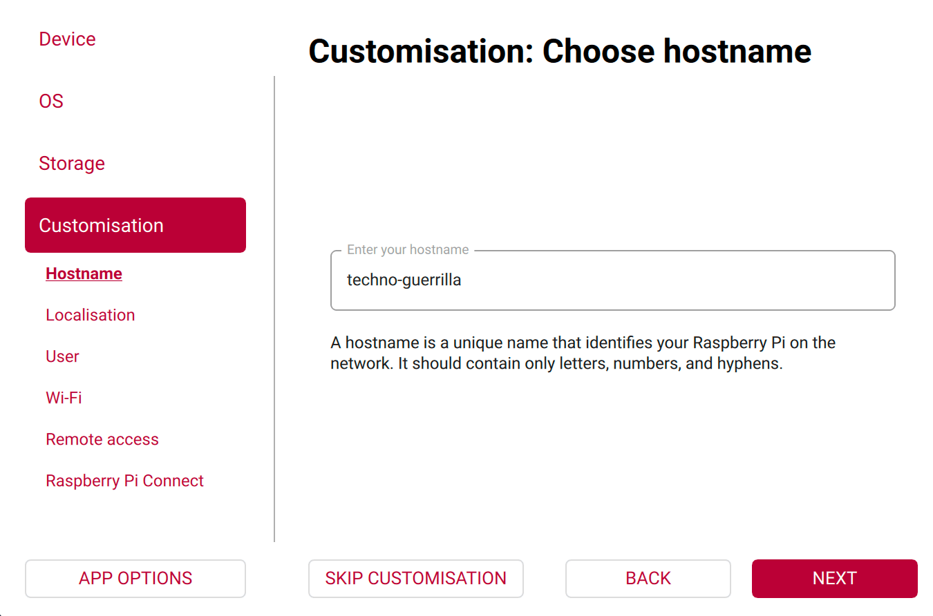 Imager customisation hostname screen set to techno-guerrilla