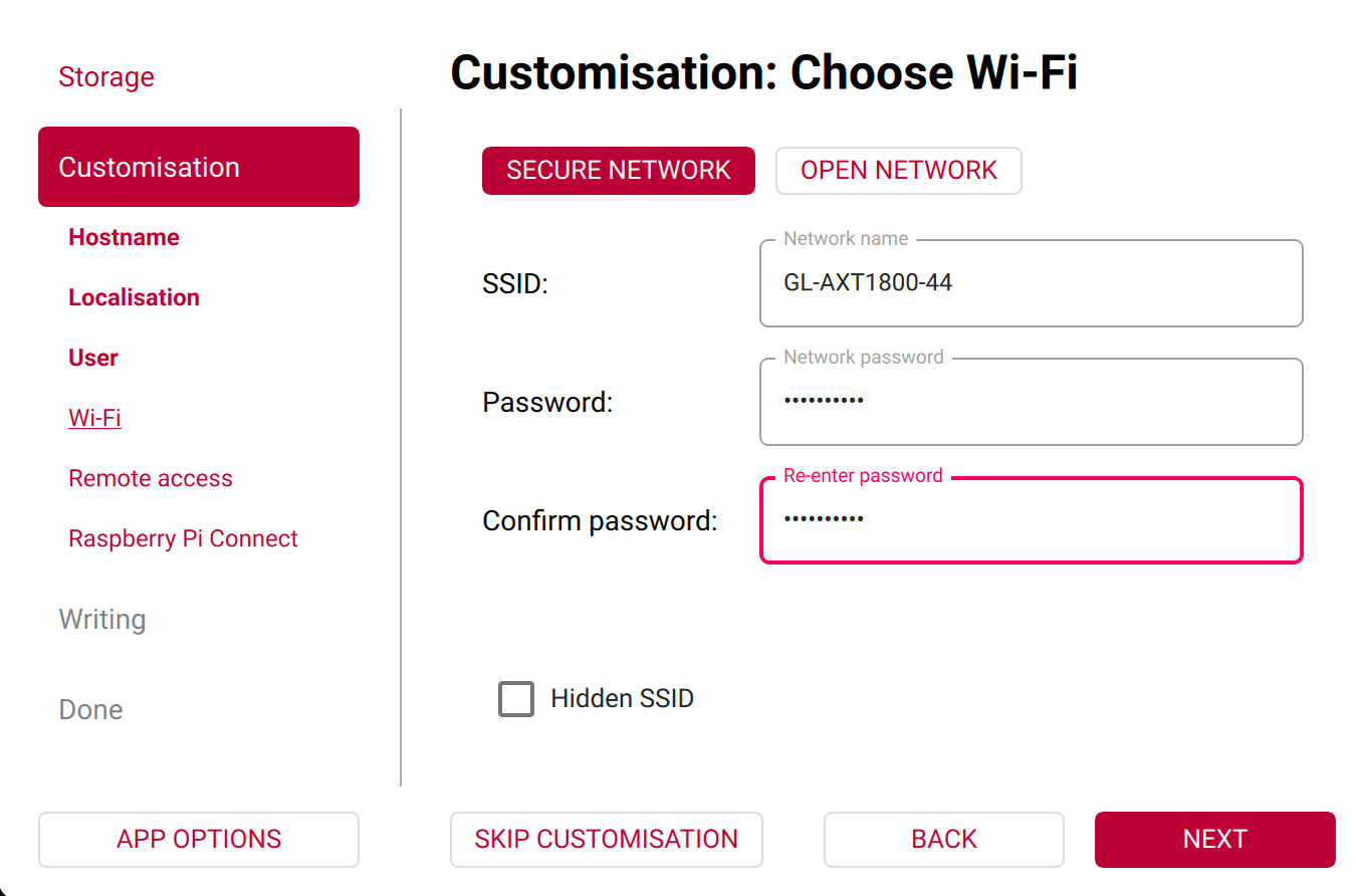 Imager Wi-Fi screen with the router SSID entered and password masked
