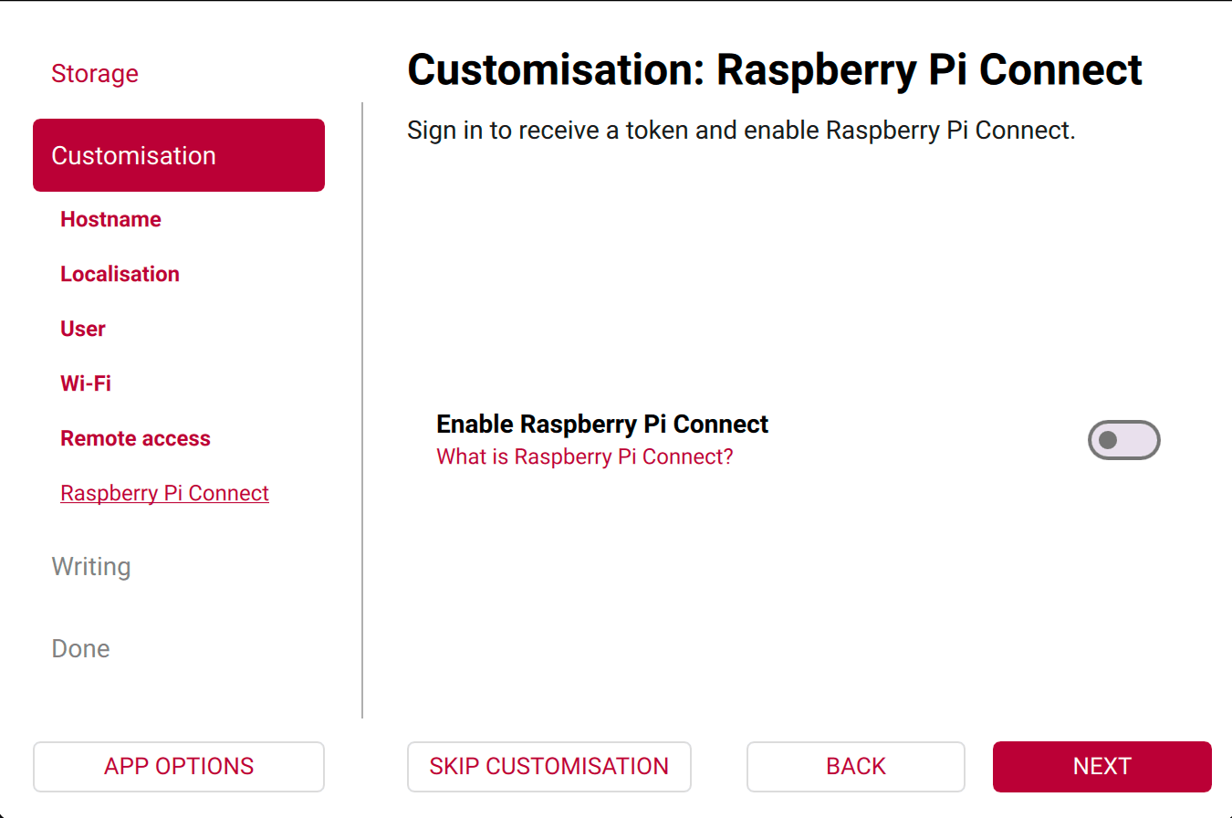 Imager Raspberry Pi Connect screen with the toggle off