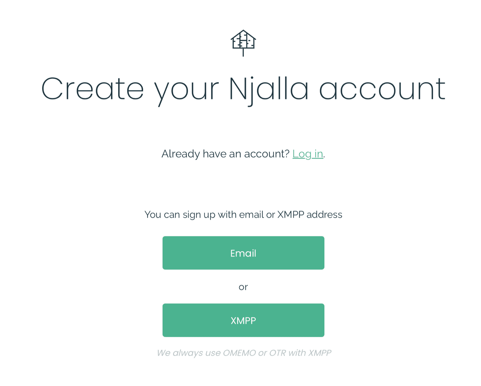 Njalla account creation page offering signup by email or XMPP address
