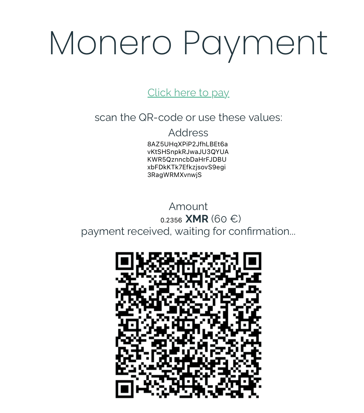 Njalla Monero payment page with deposit address, amount, and QR code
