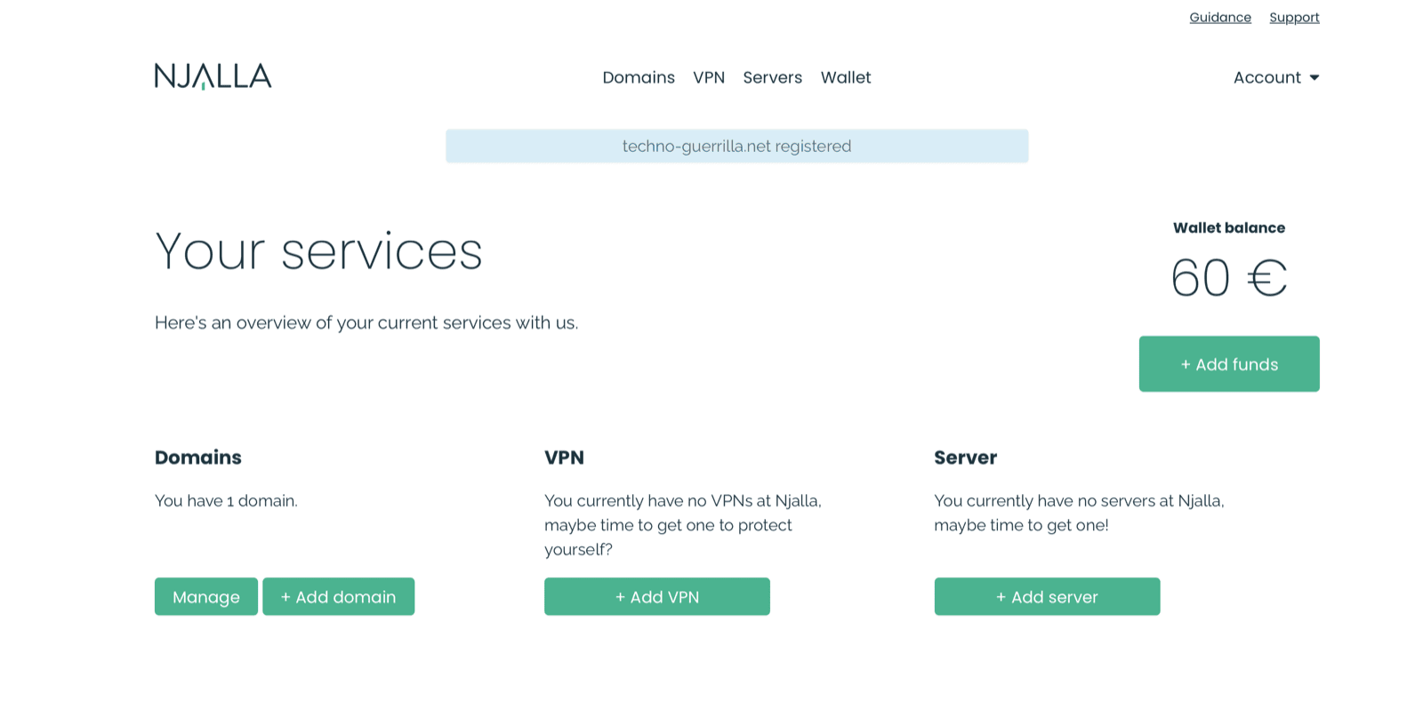 Njalla services overview showing a funded wallet and one registered domain