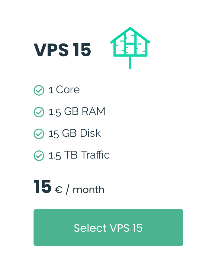 Njalla VPS 15 plan card: 1 core, 1.5 GB RAM, 15 GB disk