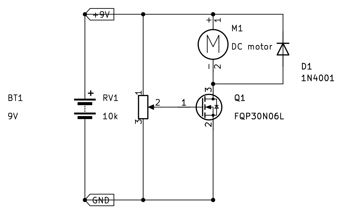 Schematic: a 9 volt battery, a 10k trimmer potentiometer feeding the gate of an N-channel MOSFET Q1, a DC motor between the positive rail and the drain with a 1N4001 flyback diode across it, and the source to ground.