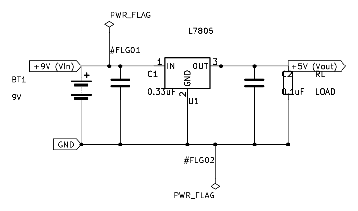 Schematic: a 9 volt battery, input capacitor, 7805 regulator, output capacitor, and a load, giving a steady 5 volt output.