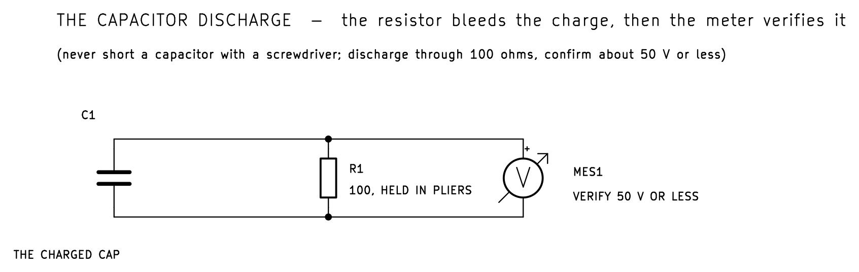 KiCad schematic of the capacitor-discharge rig: the charged capacitor, a 100 ohm resistor across its terminals, and a DC voltmeter verifying 50 volts or less