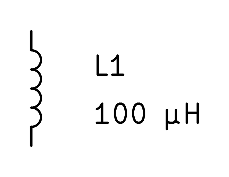 KiCad symbol for an inductor: a run of four arcs like a coil of wire, labeled L1, 100 microhenries