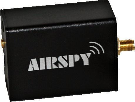 An Airspy receiver in a plain black milled enclosure with a single SMA antenna socket