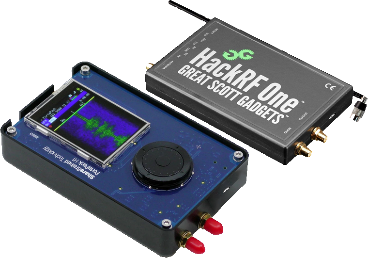A HackRF One beside a PortaPack add-on: a HackRF fitted into a housing with a colour screen showing a waterfall display and a rotary control, making it usable without a laptop
