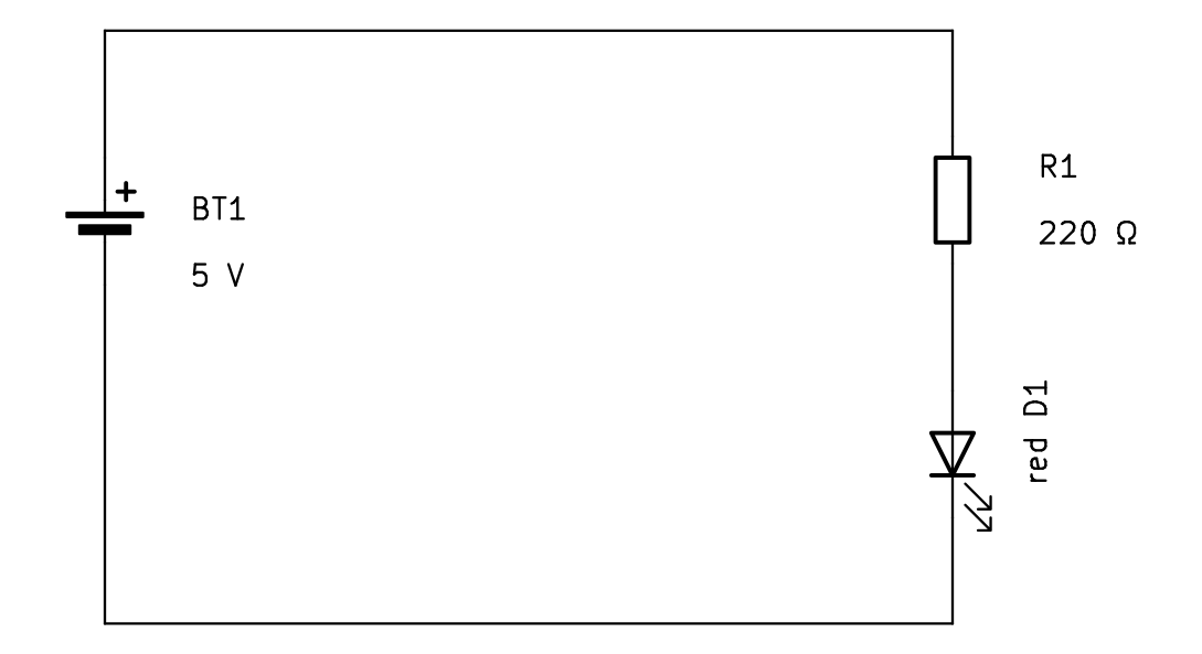 Schematic: a 5 volt battery, a 220 ohm resistor, and a red LED in a single loop