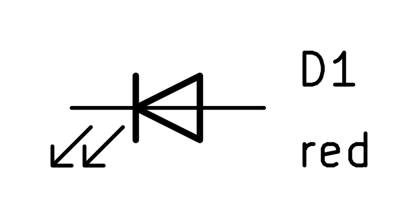 KiCad symbol for an LED: a diode with two arrows pointing away, labeled D1, red