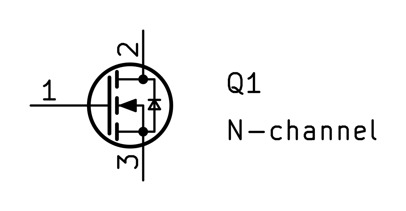 KiCad symbol for an N-channel MOSFET, labeled Q1, with gate, drain, and source