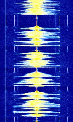 Waterfall capture of broadcast FM: a bright central carrier with symmetric sidebands that pulse with the program audio, roughly 180 kHz across.