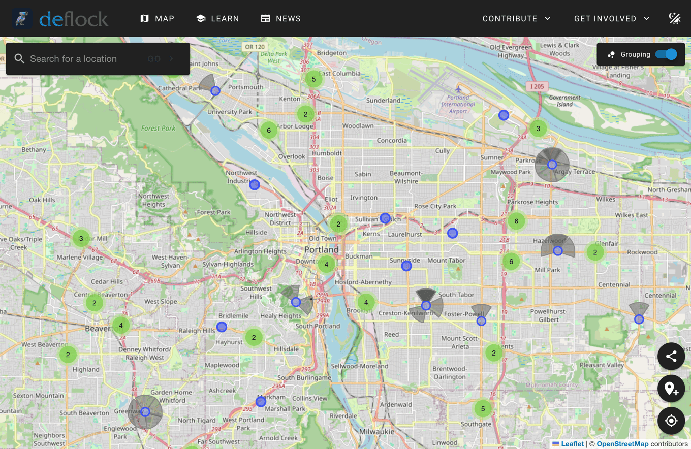 DeFlock's map of Portland showing automated license-plate reader locations as markers with directional coverage cones, plus clustered counts, over the same city as the salvage sites