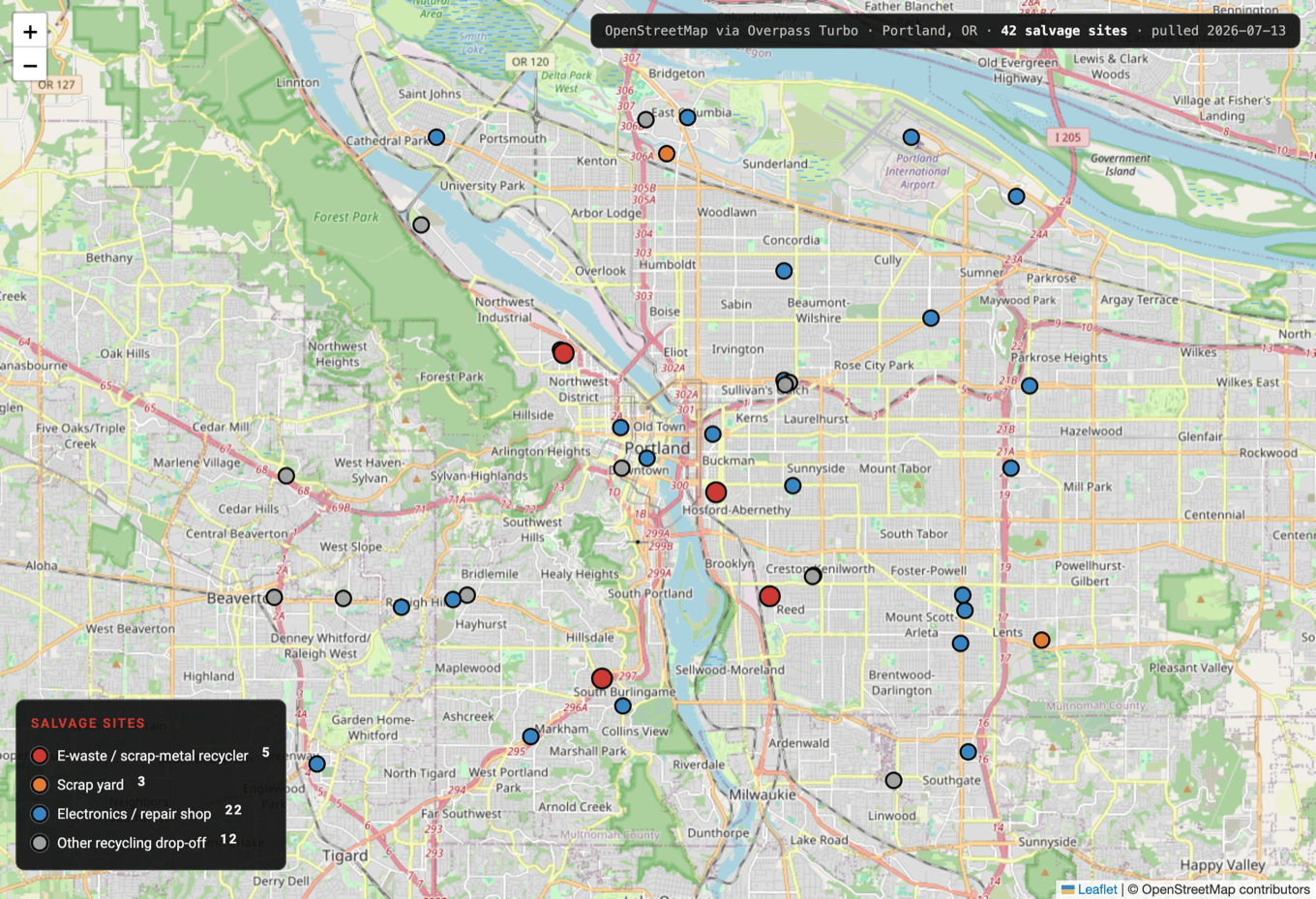 A map of Portland with 42 salvage sites plotted as colored dots: e-waste and scrap-metal recyclers, scrap yards, electronics and repair shops, and other recycling drop-offs