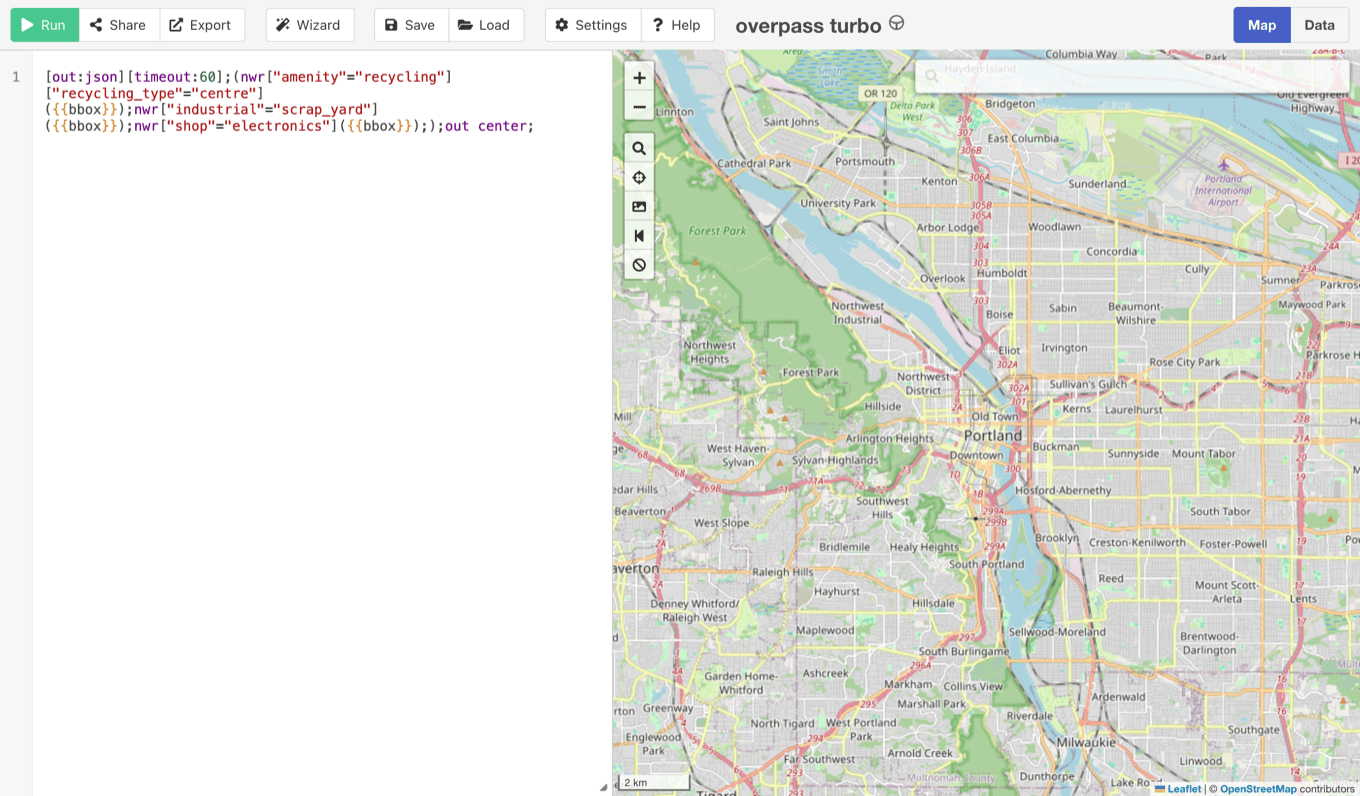 The Overpass Turbo website with the salvage query typed into the editor on the left and a map of Portland on the right, before the query is run