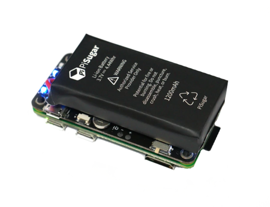 PiSugar battery board mounted under a Pi Zero, its 1200 mAh lithium cell on top